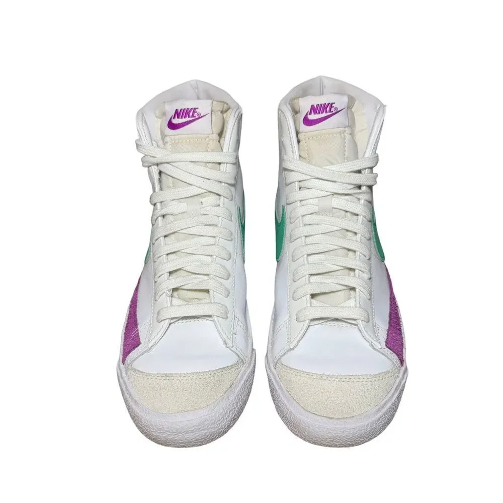 Nike Blazer Mid White Leather Sneakers with Green Swoosh & Purple size 9.5